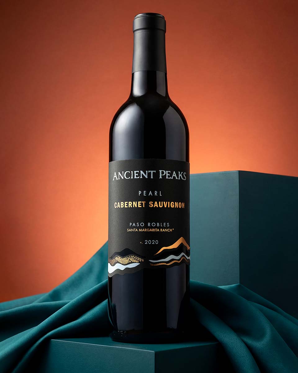 Ancient Peaks Pearl Cabernet Sauvignon bottle, studio product photography