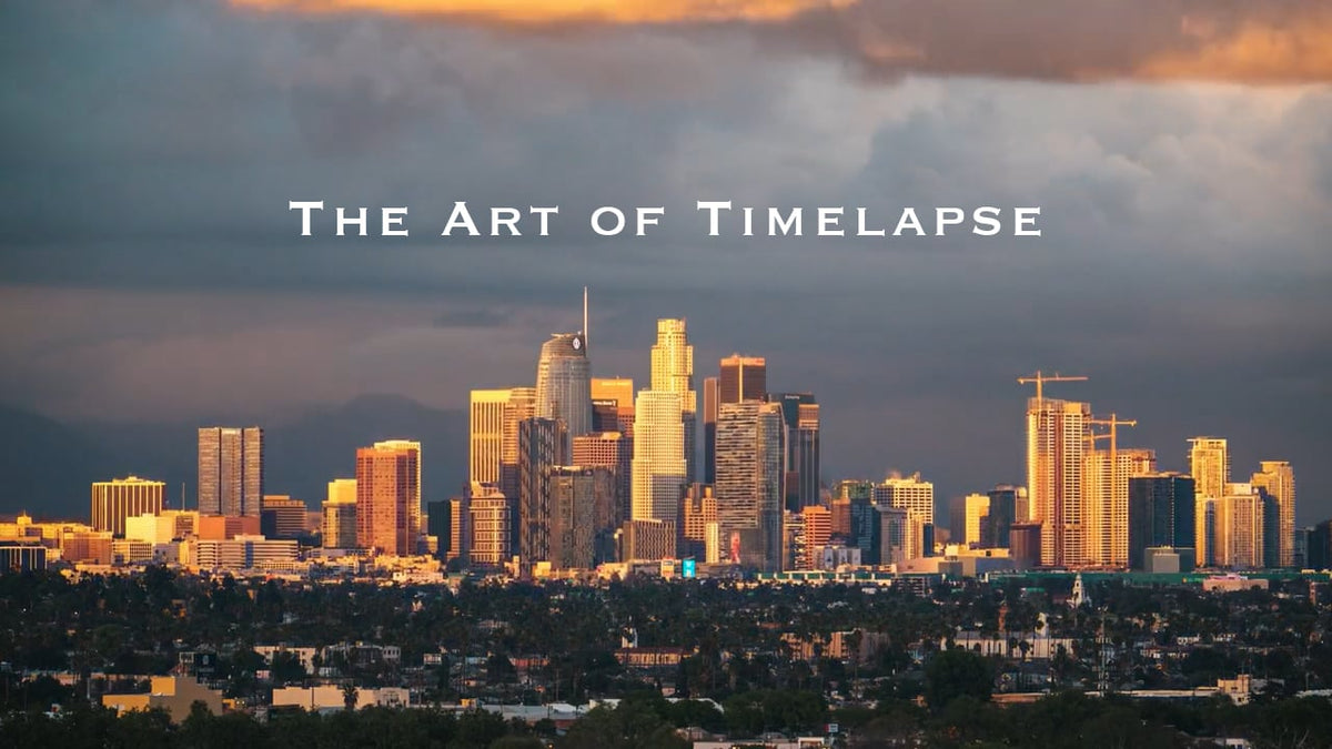 Downtown Los Angeles skyline at golden hour under storm clouds, from The Art of Time timelapse reel by Niaz Uddin