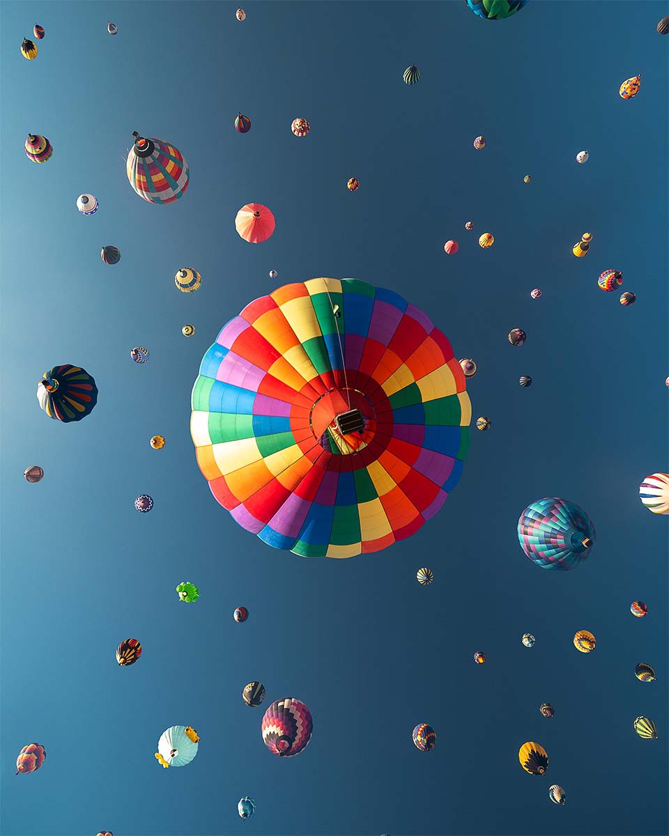 Hot air balloons of the Albuquerque Balloon Fiesta seen from below in New Mexico