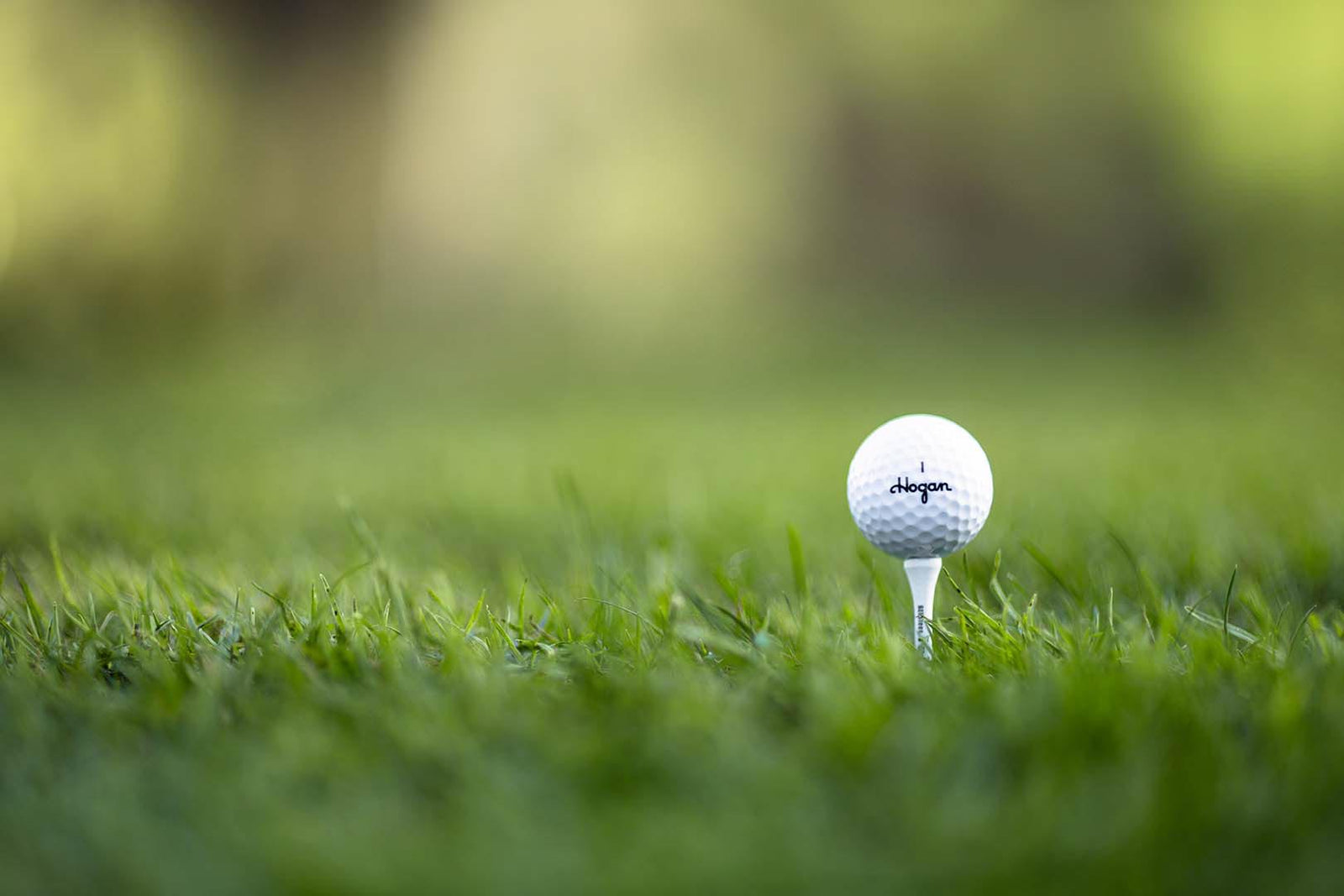 Ben Hogan golf ball on a tee on the fairway with soft green bokeh, by Niaz Uddin