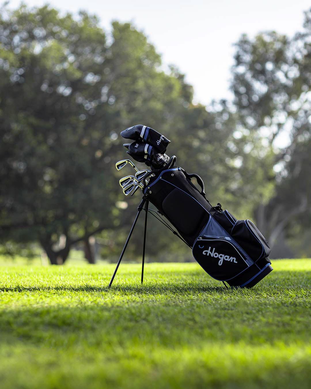 Black and blue Ben Hogan stand bag full of clubs, by Niaz Uddin