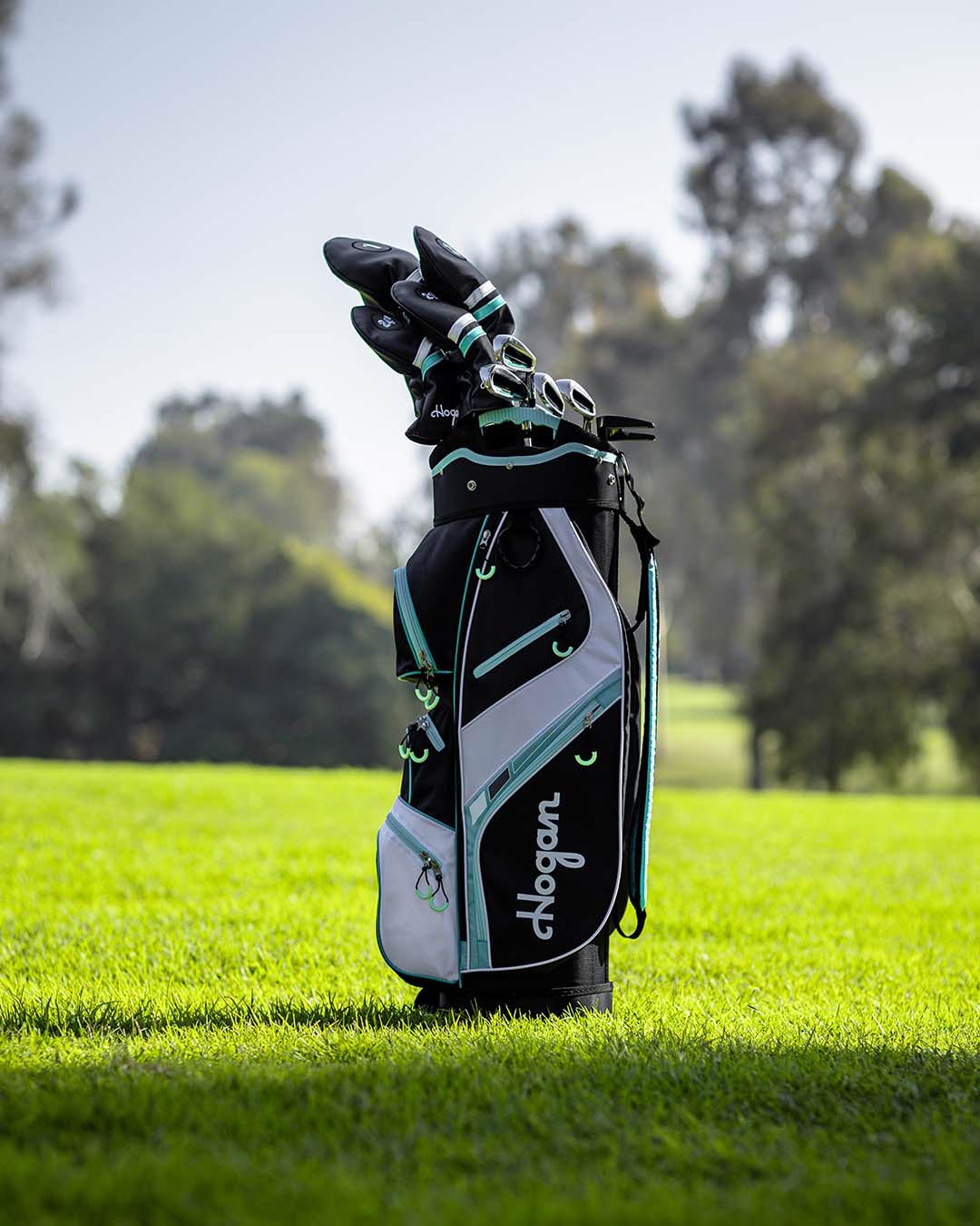 Teal and white Ben Hogan stand bag with clubs, close portrait, by Niaz Uddin