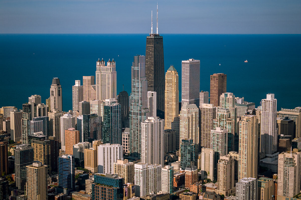 Aerial view of the Chicago skyline along Lake Michigan with the John Hancock Center