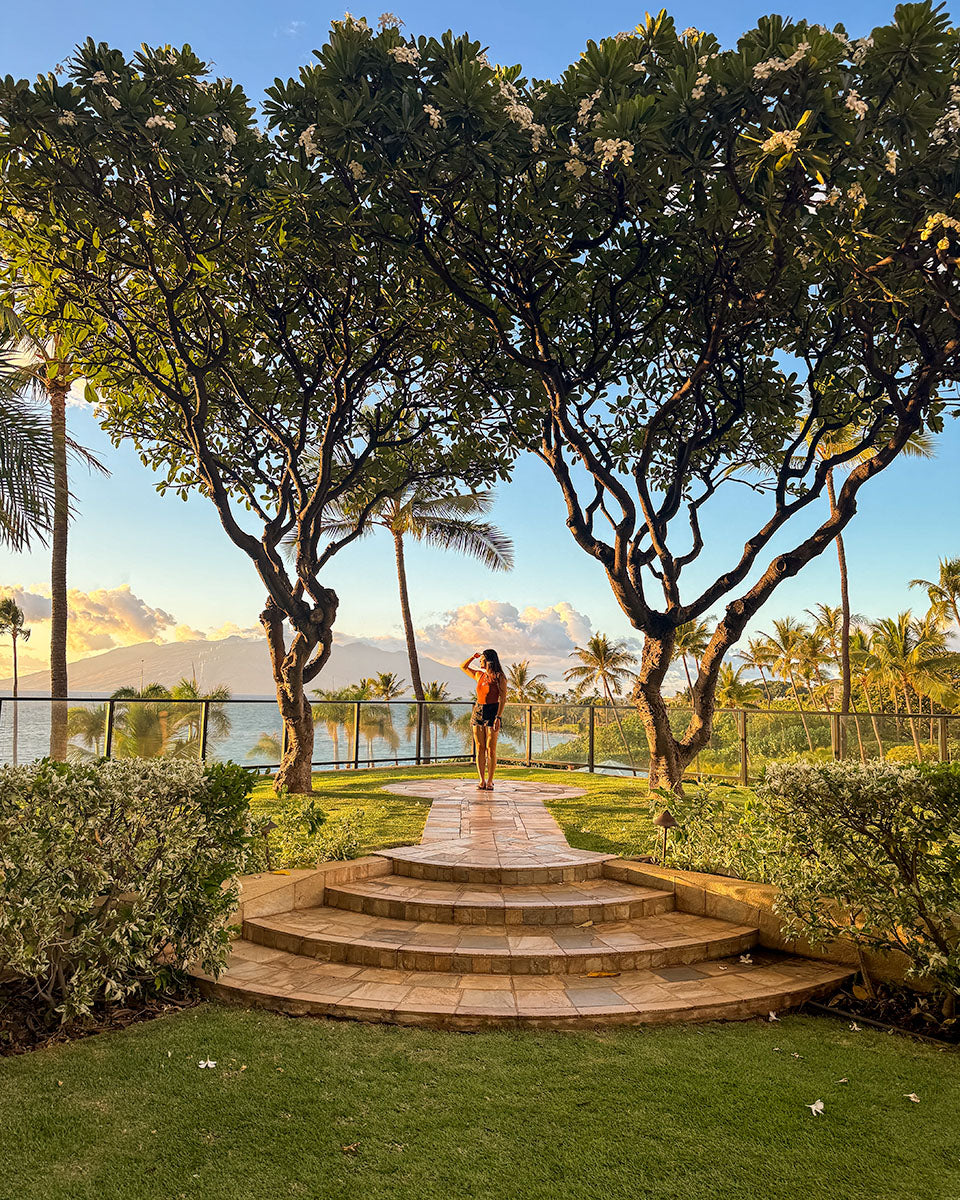 Guest framed by plumeria trees looking out to the ocean and West Maui mountains at golden hour, Four Seasons Resort Maui, by Niaz Uddin