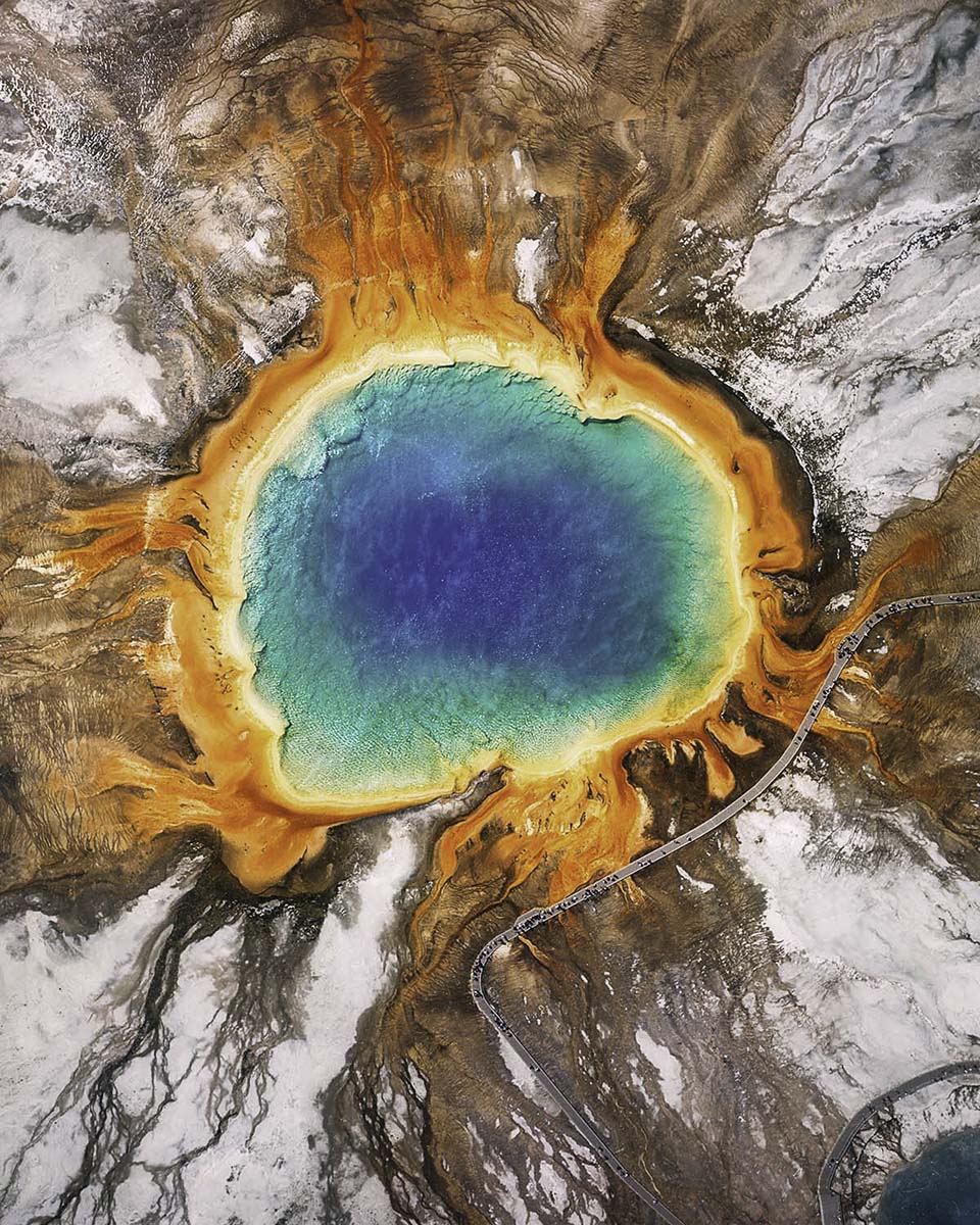 Top-down aerial of the Grand Prismatic Spring in Yellowstone National Park