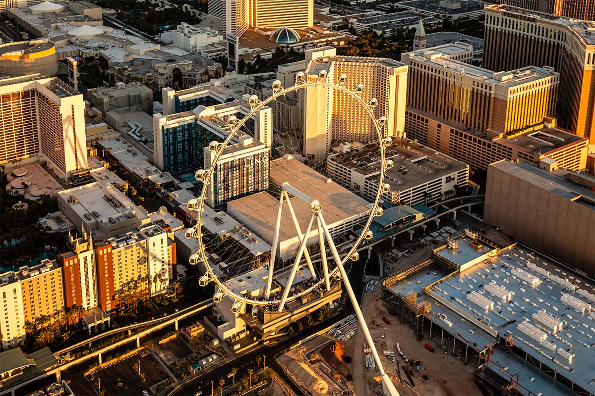 Golden-hour aerial of the High Roller observation wheel at The LINQ on the Las Vegas Strip, by Niaz Uddin