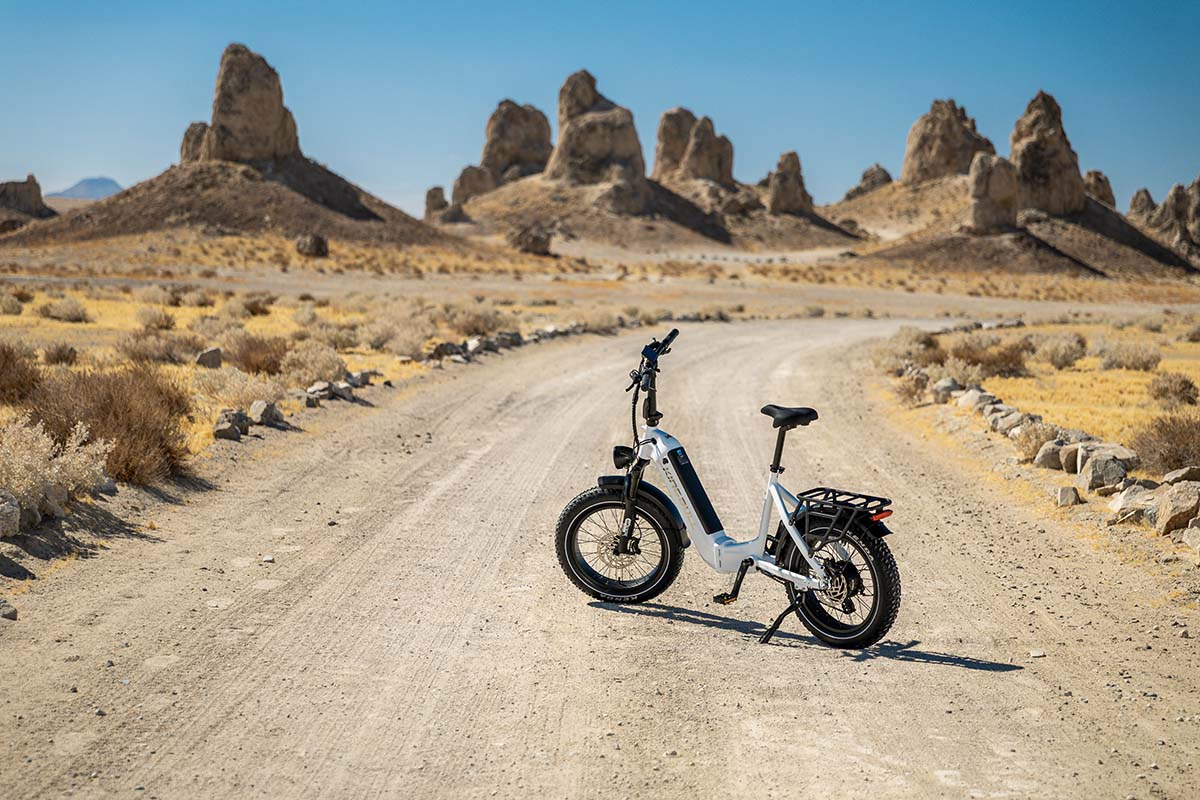 White Kingbull Verve e-bike on a dirt road leading to the Trona Pinnacles, Mojave Desert, by Niaz Uddin