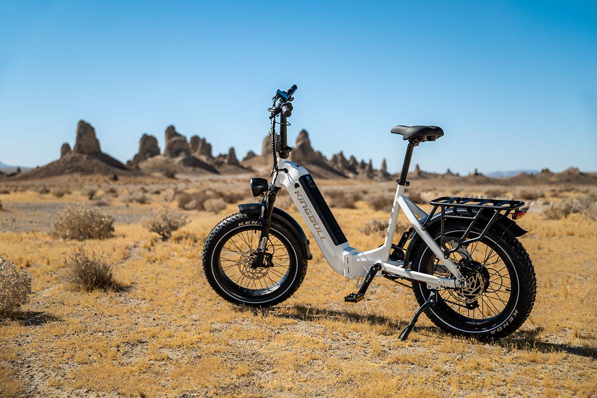 White Kingbull Verve fat-tire e-bike parked in desert scrub below the Trona Pinnacles, by Niaz Uddin