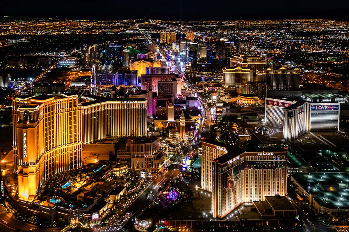 Night aerial of the Las Vegas Strip skyline, by Niaz Uddin