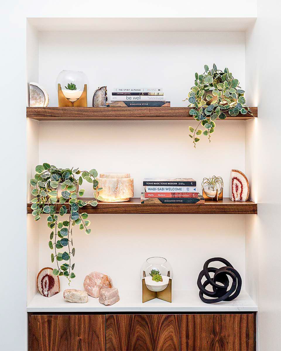 milk + honey styled shelf vignette with crystals, trailing plants, wellness books, and a sculptural object on walnut shelving, by Niaz Uddin